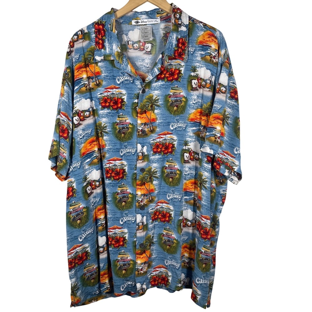 Disney Cruise Line Castaway Cay Mens XL Blue Rayon Hawaiian Shirt Donald Duck